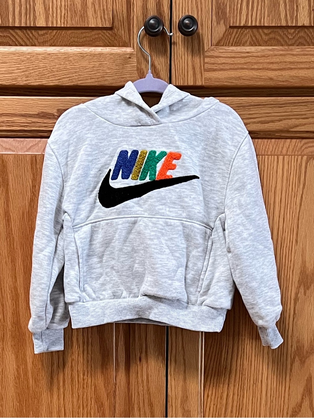 Nike Kids’ Club Gray Chenille Hoodie with Multicolor Logo, EUC, Size 2T